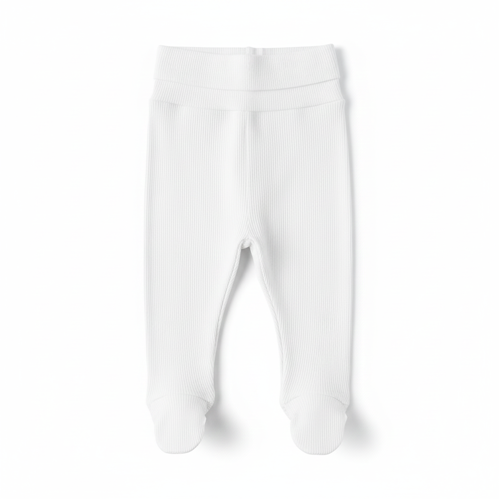 Calça Recém-Nascido com Pezinho Unissex – Algodão Canelado Premium Liso | Branca