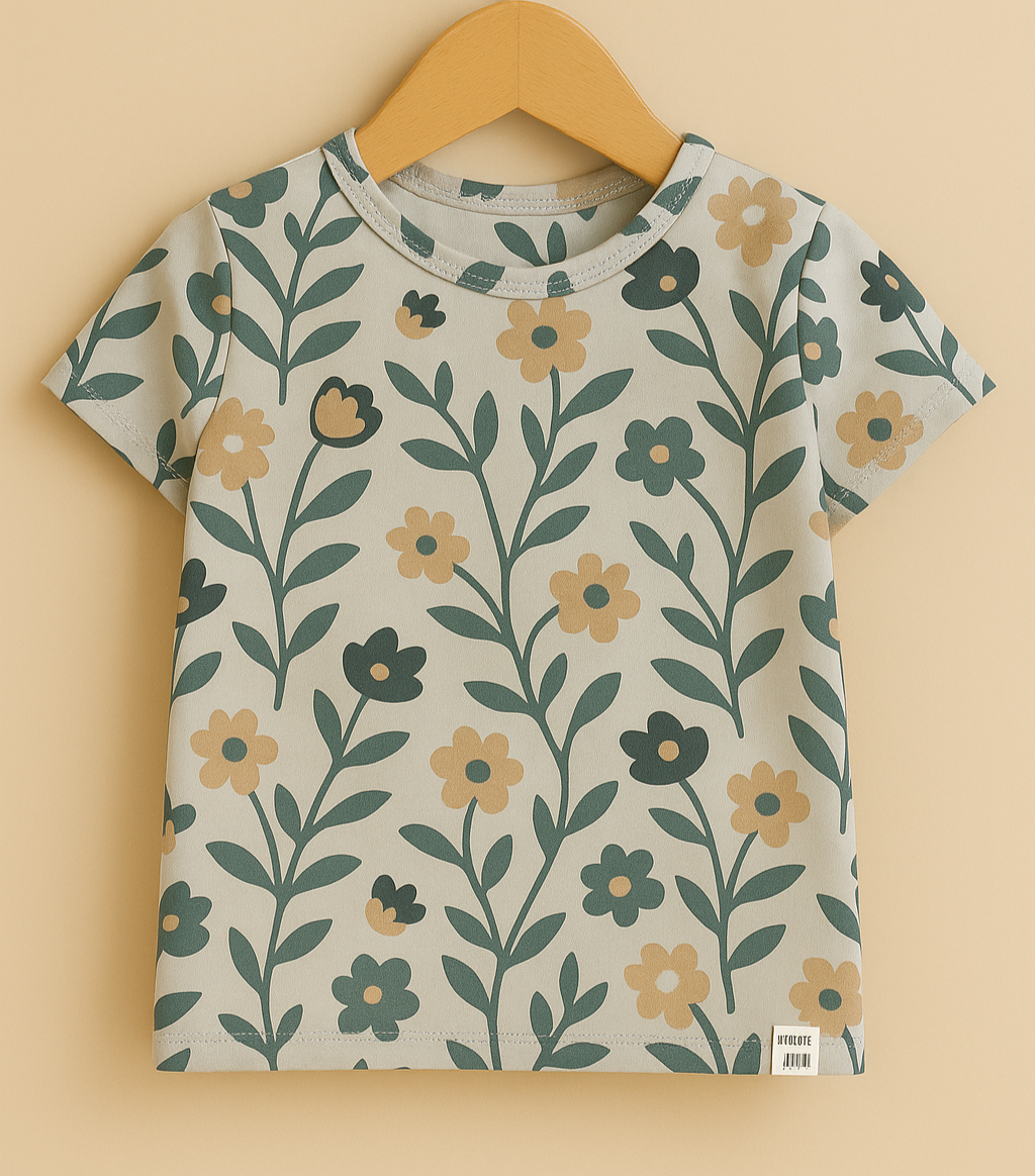 Camiseta de bebê e infantil feminina com estampa floral vintage em tons suaves, manga curta, tecido cotton stretch confortável.