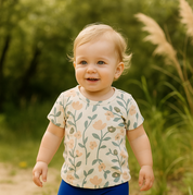 Camiseta Infantil Menina – Manga Curta - Cotton Estampado Premium | Floral Vintage Tons de Azul