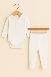 Kit Calça de Pezinho + Body Kimono  Recém-Nascido - Branco Canelado