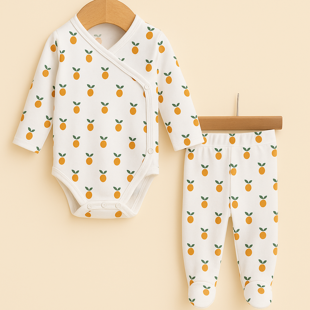 Kit Recém-Nascido – Calça com Pezinho + Body Kimono Unissex | Estampa Exclusiva Mini Laranjinhas Bojo