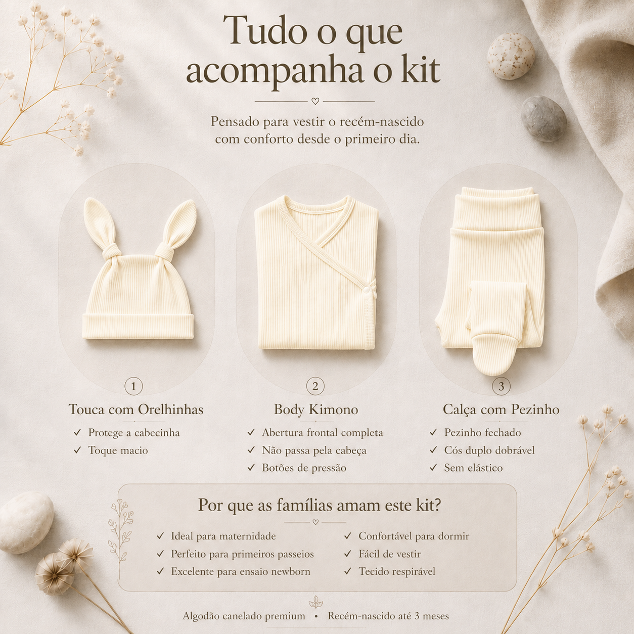 Kit Body Kimono + Calça com Pezinho – Recém-Nascido à 3 Meses | Algodão Canelado - Off White