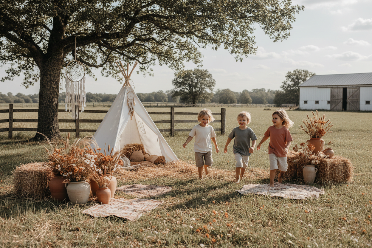 criancas brincando em um sitio com estilo scandi boho de baixa saturacao usando camisetas lisas em cores neutras