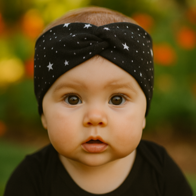 Faixinha de cabelo artesanal para bebê com estampa de céu estrelado em algodão premium, com design cruzado e fundo neutro sofisticado

