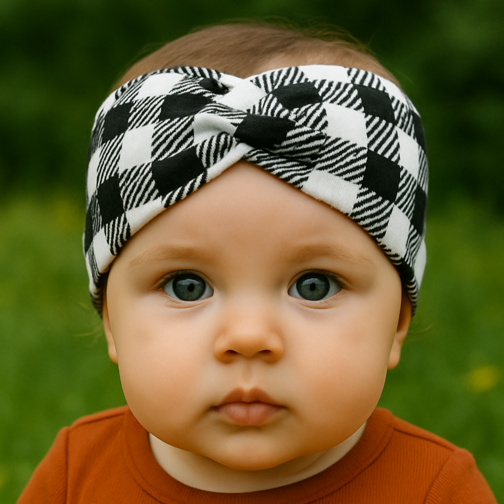 Bebê menina usando faixinha de cabelo de algodão premium com estampa plaid preto e branco, estilo cruzado, em ambiente natural