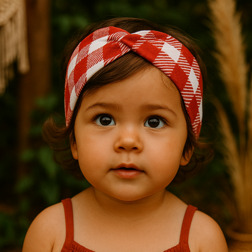 Faixinha de cabelo artesanal para bebê em algodão premium com estampa xadrez vermelho clássico, design cruzado e fundo neutro elegante


