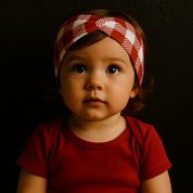 Faixinha de cabelo artesanal para bebê em algodão premium com estampa xadrez vermelho clássico, design cruzado e fundo neutro elegante


