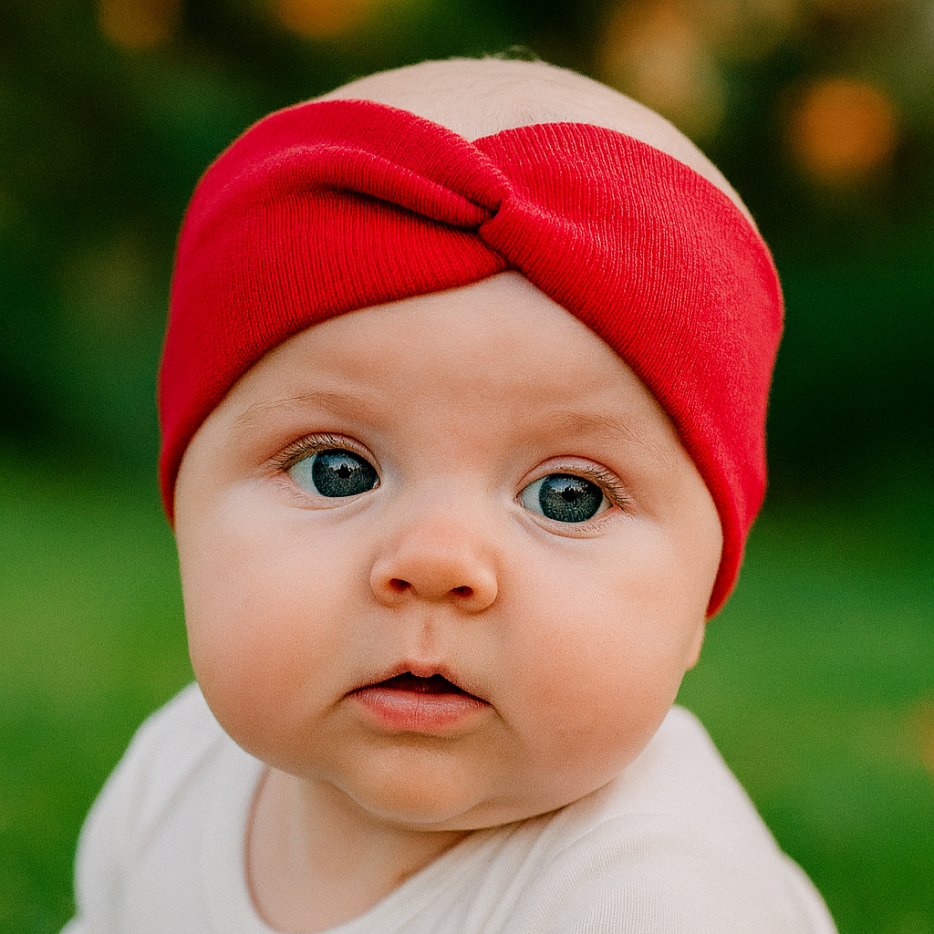 Bebê usando faixinha de cabelo vermelha em algodão stretch liso com design cruzado, acessório elegante e confortável para bebês


