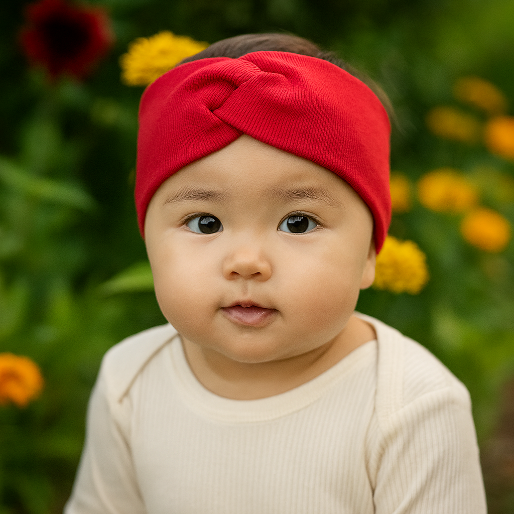 Bebê usando faixinha de cabelo vermelha em algodão stretch liso com design cruzado, acessório elegante e confortável para bebês


