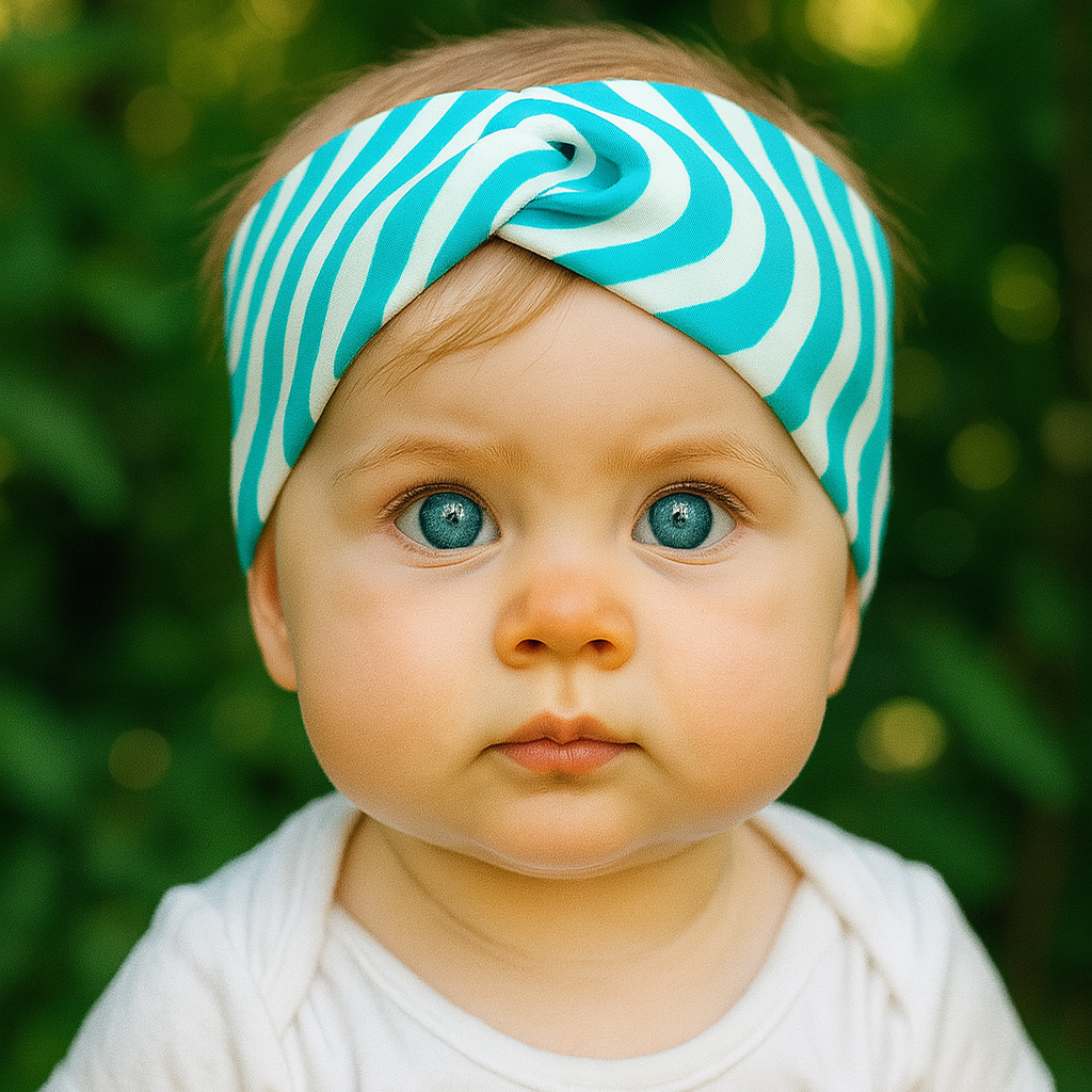 Faixinha turbante de bebê com estampa zebra verde em algodão stretch premium, modelagem cruzada, estilo boho chic e acabamento delicado

