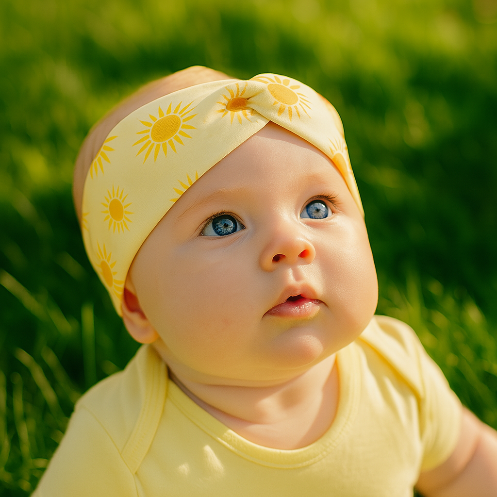 Aqui está a imagem da bebê encantadora de aproximadamente 4 meses usando a faixinha com estampa de sol, em ambiente ao ar livre com cores vivas e alto contraste, como solicitado.