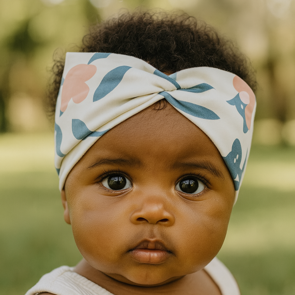 Faixinha de cabelo para bebê com estampa floral vintage grande, em algodão stretch premium, estilo boho chic e acabamento delicado