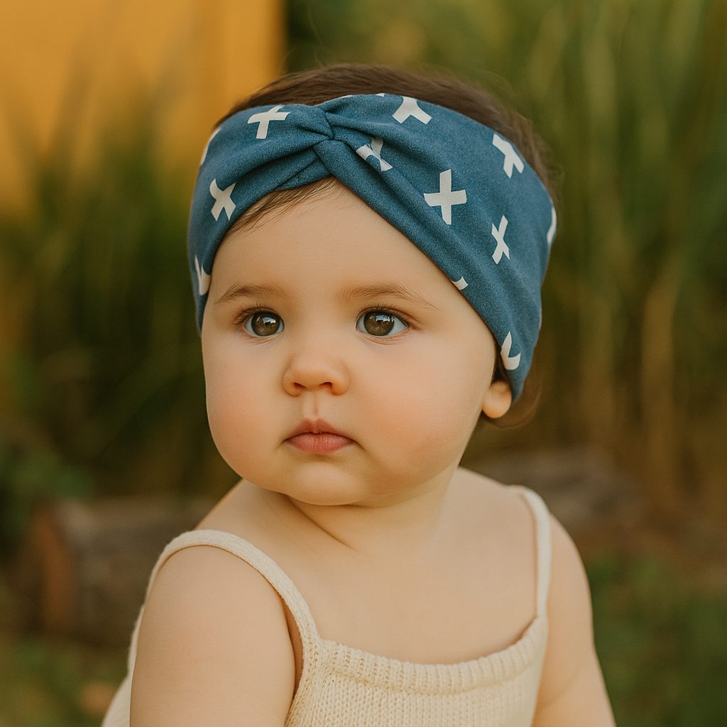 Faixinha de cabelo para bebê em algodão premium azul com estampa exclusiva de cruzetas, modelo torcido à frente da coleção de luxo Means Love Baby

