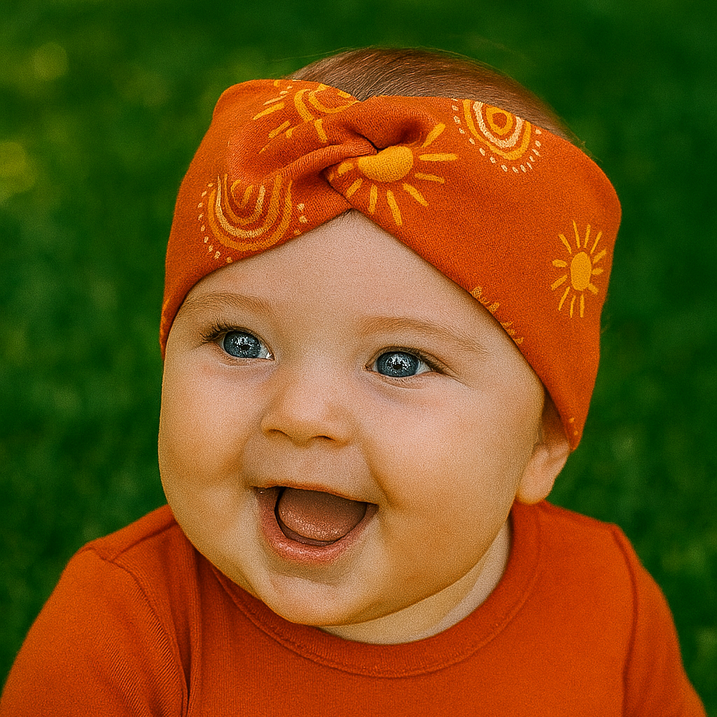 Faixinha de cabelo para bebê menina em algodão stretch com estampa boho exclusiva de sol e arco-íris em tons terrosos, modelo com frente cruzada da marca Means Love Baby.