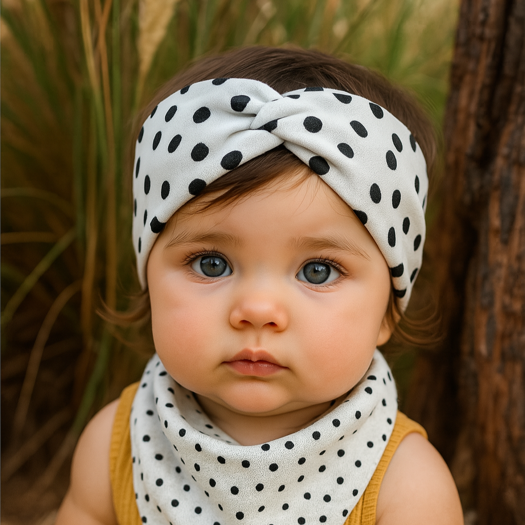 Faixinha de cabelo para bebê em algodão stretch caramelo com estampa poá preta, modelo trançado exclusivo da Means Love Baby

