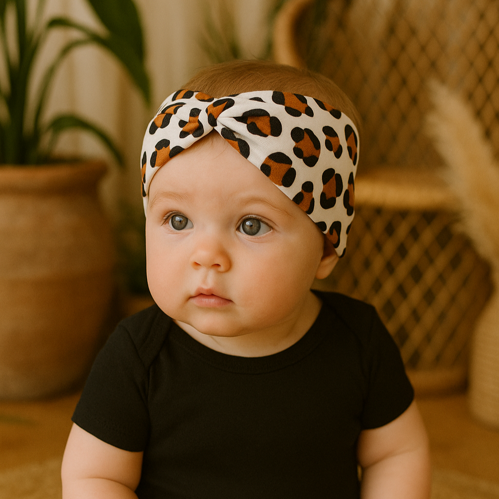 Bebê de 6 meses usando faixinha com estampa de oncinha marrom e preta em algodão stretch, combinando com body preto em ambiente boho chic com luz natural, madeira e plantas