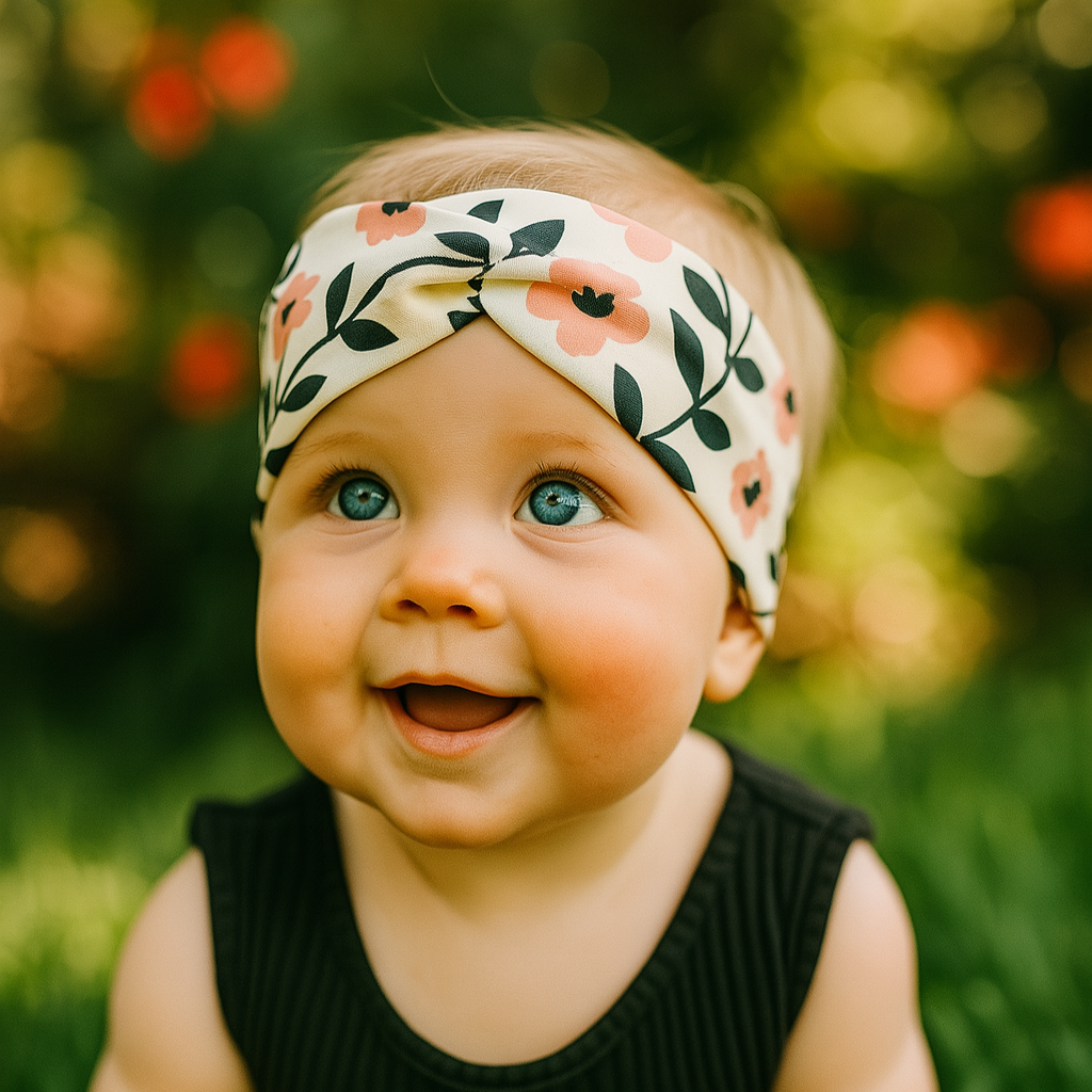 Faixinha turbante de bebê em algodão stretch com estampa floral vintage em galhos pretos, estilo boho chic