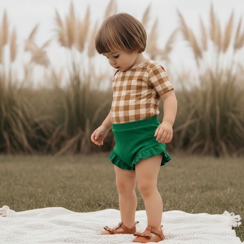 Short Bebê e Infantil Plissado Menina – Algodão Strech Liso | Verde Bandeira