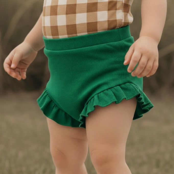 Short Bebê e Infantil Plissado Menina – Algodão Strech Liso | Verde Bandeira