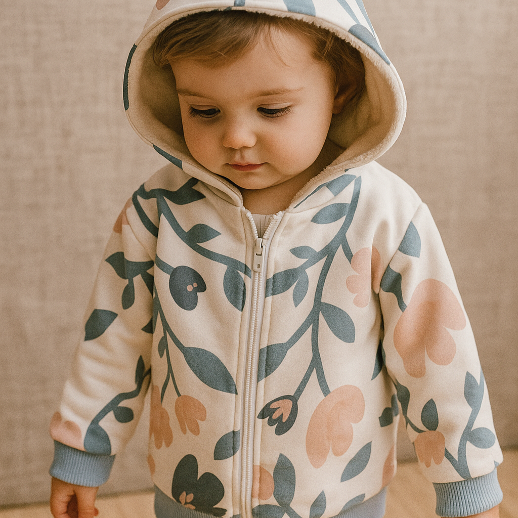 Bebê vestindo uma jaqueta infantil com capuz, estampa floral vintage em tons de azul, com forro de fleece, em ambiente aconchegante com fundo neutro boho.