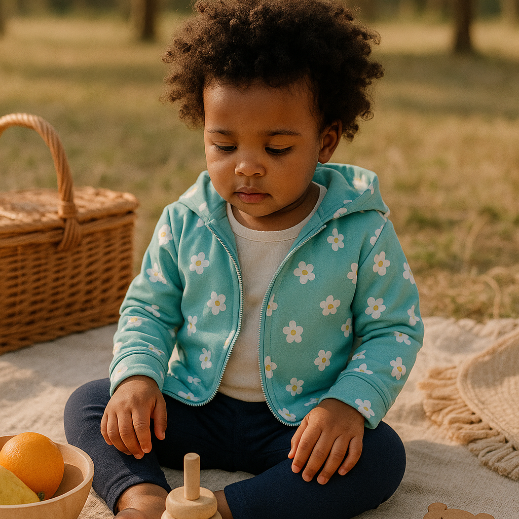 Bebê com cabelos cacheados escuros, pele clara, usando jaqueta azul serenity com estampa de margaridas e forro amarelo claro, combinado com legging canelada rosa e sapatinho branco com laço. A criança está em um ambiente ao ar livre, com fundo de árvores desfocadas em estilo boho, transmitindo serenidade e conforto.