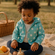 Bebê com cabelos cacheados escuros, pele clara, usando jaqueta azul serenity com estampa de margaridas e forro amarelo claro, combinado com legging canelada rosa e sapatinho branco com laço. A criança está em um ambiente ao ar livre, com fundo de árvores desfocadas em estilo boho, transmitindo serenidade e conforto.