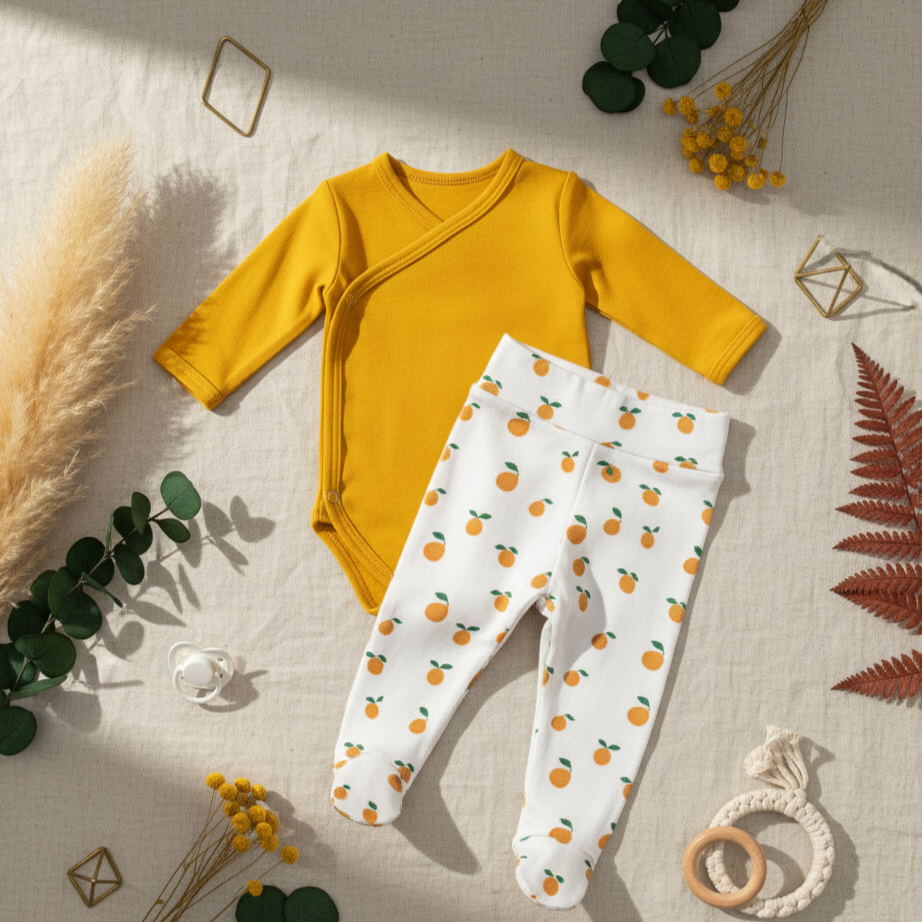 Kit: Body Kimono Recém-Nascido à 3 Meses | Amarelo Vibrante + Calça de Pezinho Recém-Nascido à 3 Meses  - Algodão Premium | Mini Laranjinhas Boho
