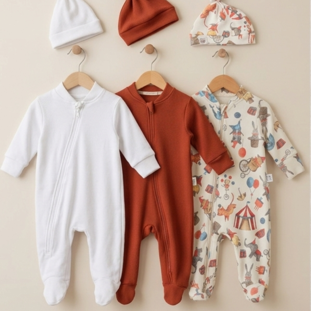 Kit Essencial Recém-Nascido | 3 Macacões com Pezinho + Toucas Coordenadas