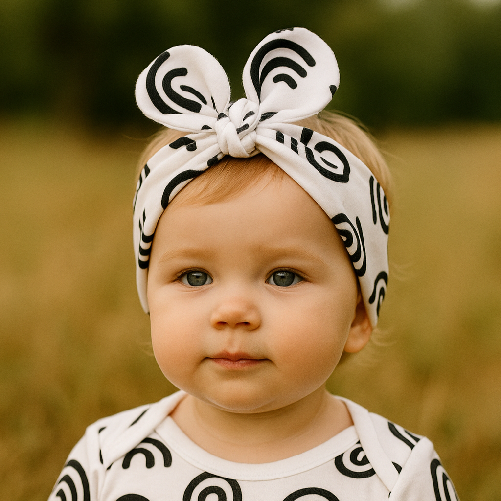 Bebê de 1 ano ao ar livre usando laço de cabelo infantil branco com estampa de arco iris pretos com fundo branco.