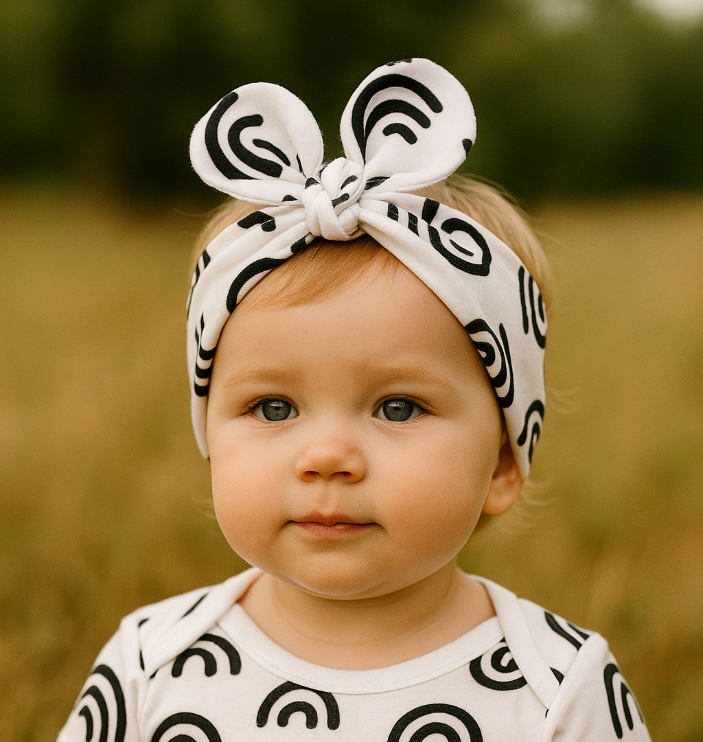 Bebê de 1 ano ao ar livre usando laço de cabelo infantil branco com estampa de arco iris pretos com fundo branco.
