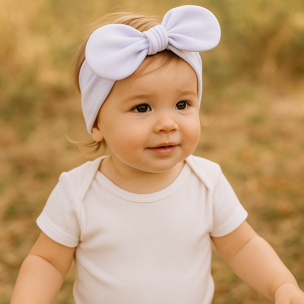 Bebê de 1 ano ao ar livre usando laço de cabelo infantil branco e body neutro

