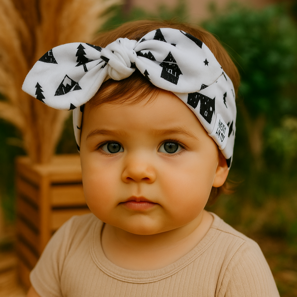 Laço de cabelo infantil regulável em algodão com estampa exclusiva de casinhas nórdicas, acessório de luxo da coleção Means Love Baby

