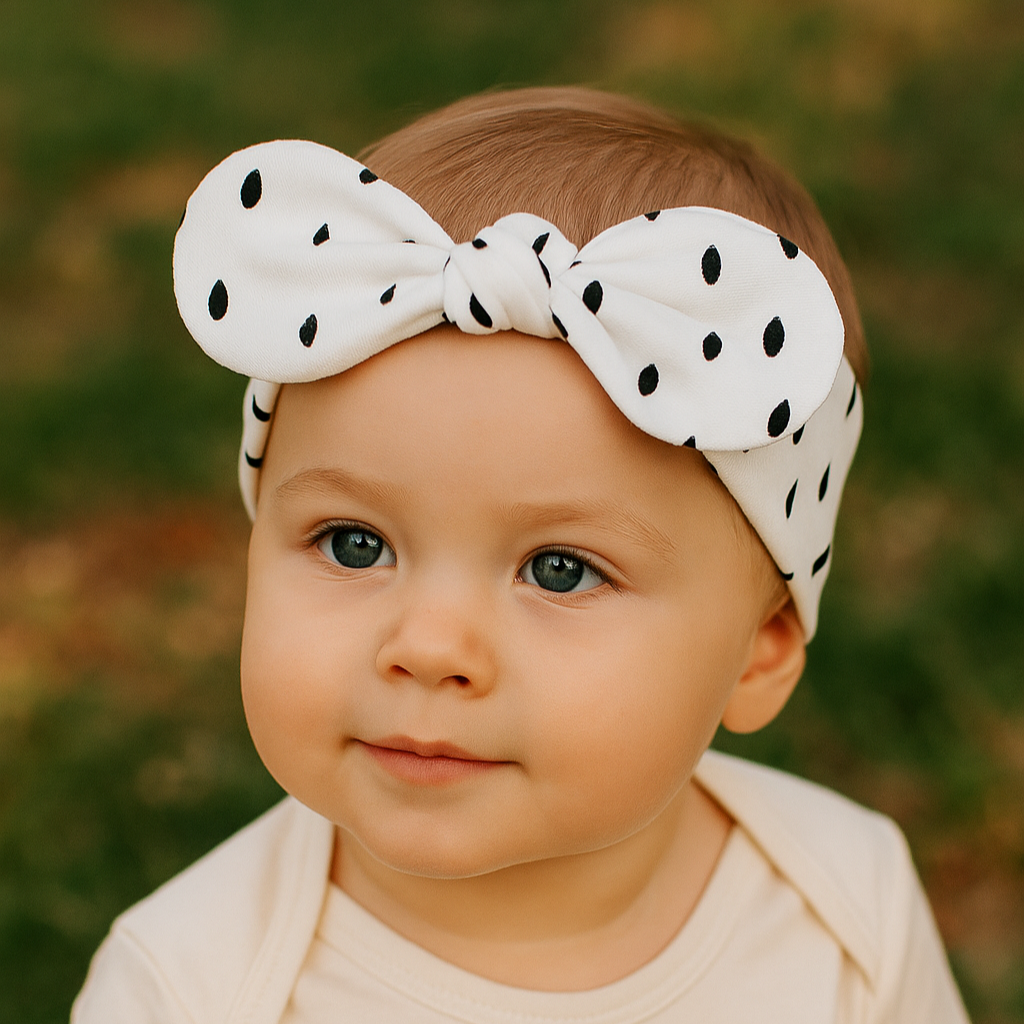 Bebê de 1 ano ao ar livre usando laço de cabelo infantil branco com estampa de gotas pretas e body bege.