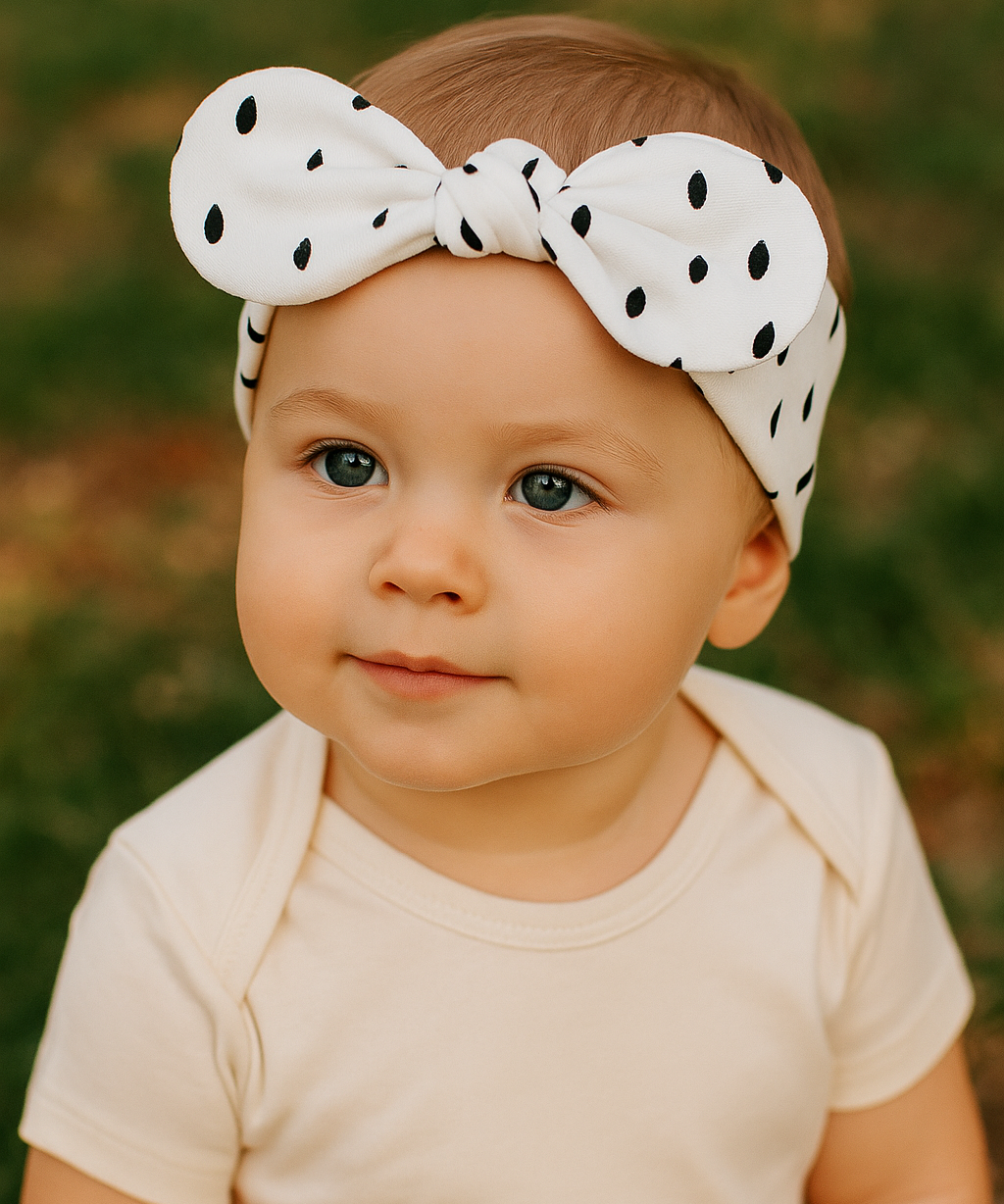 Bebê de 1 ano ao ar livre usando laço de cabelo infantil branco com estampa de gotas pretas e body bege.