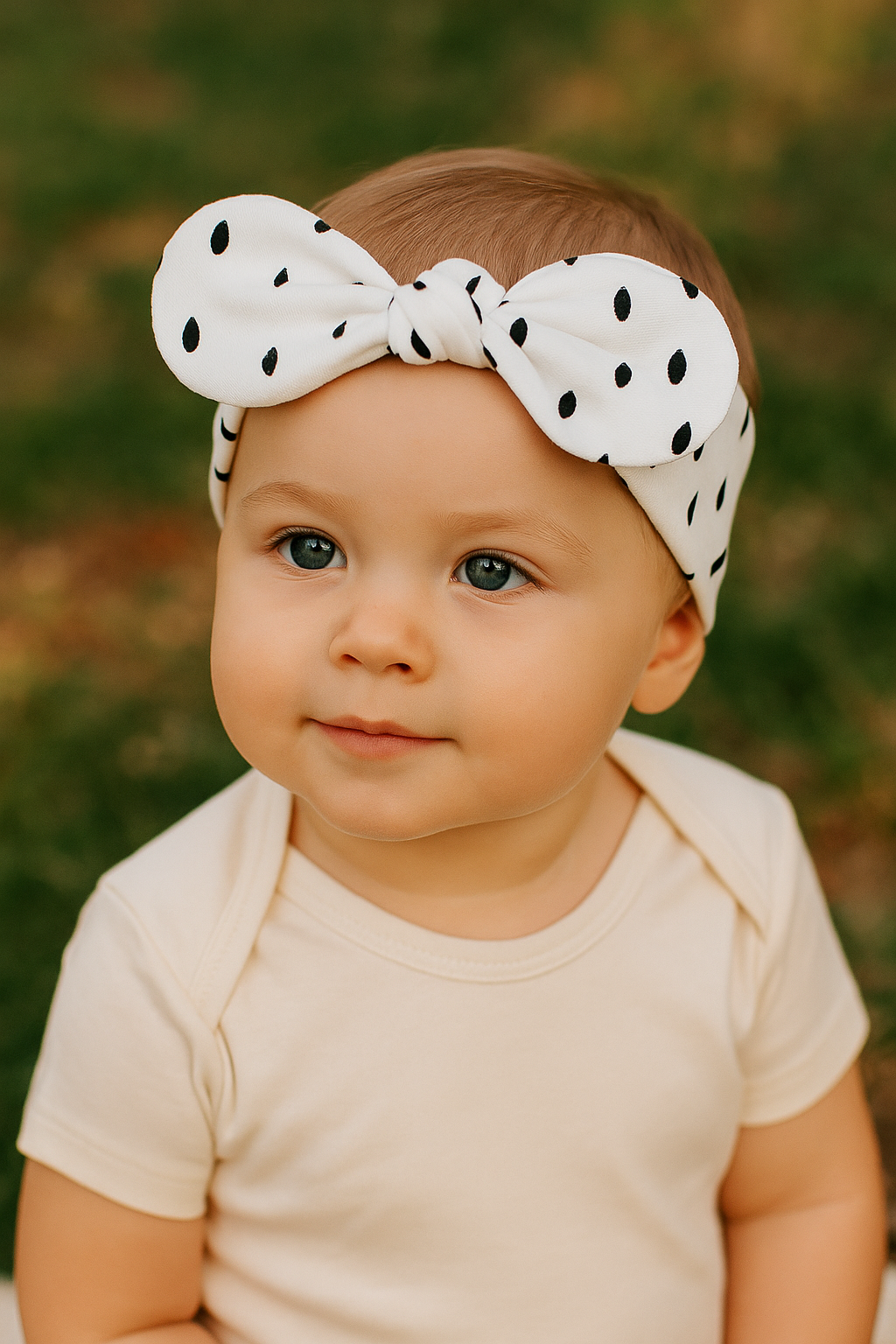 Bebê de 1 ano ao ar livre usando laço de cabelo infantil branco com estampa de gotas pretas e body bege.