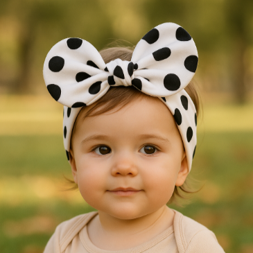 Bebê de 1 ano ao ar livre usando laço de cabelo infantil branco com estampa de poá preto e body neutro

