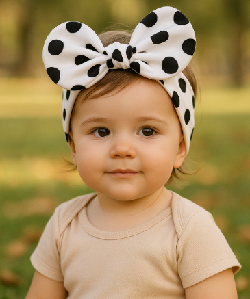 Bebê de 1 ano ao ar livre usando laço de cabelo infantil branco com estampa de poá preto e body neutro

