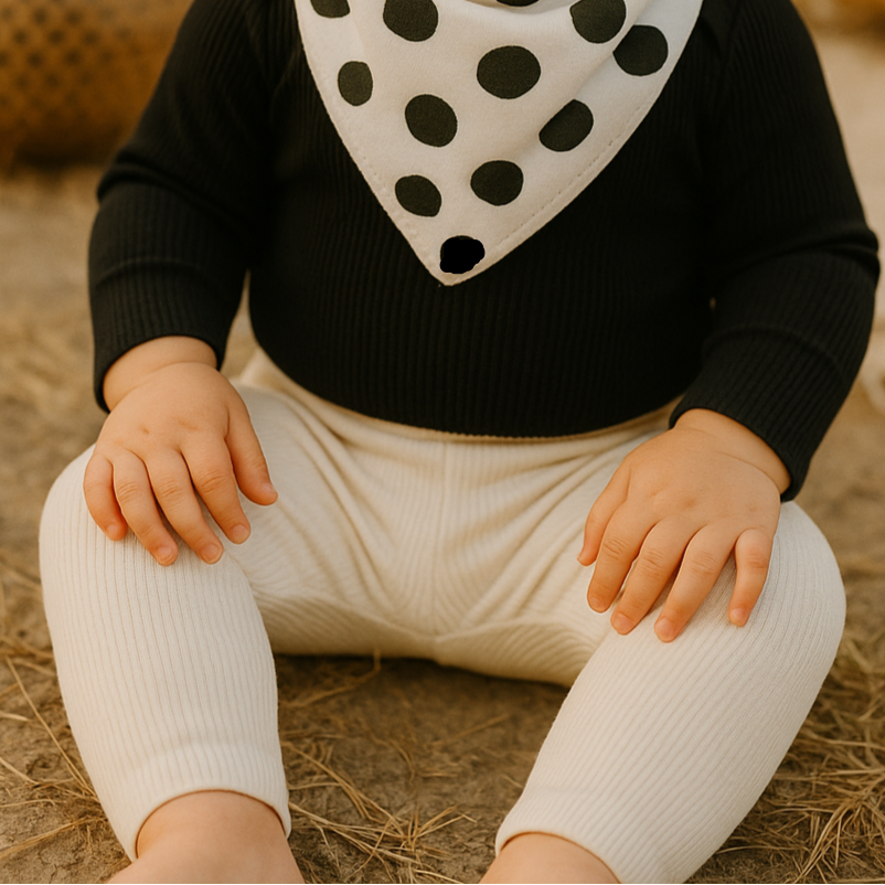 Legging off white para bebê em algodão premium canelado, pendurada em cabide de madeira, estilo minimalista.