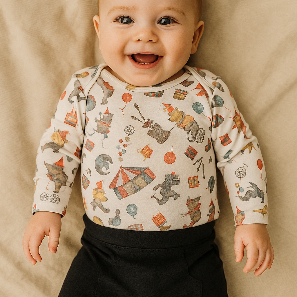 Bebê de 6 meses, com pele clara e cabelos castanho claro, deitado de costas sobre uma manta de algodão bege, sorrindo amplamente enquanto usa body manga longa com estampa de circo vintage e calça preta com bolsão, em ambiente com luz natural suave.

