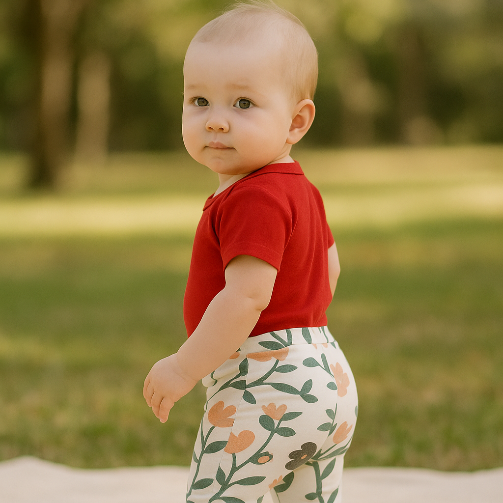 Bebê de um ano ao ar livre, em pé sobre uma manta de algodão, usando body vermelho de algodão stretch, legging floral antigo com tons terrosos e sapatilhas brancas com laço, em um ambiente verde com luz natural suave e fundo desfocado.