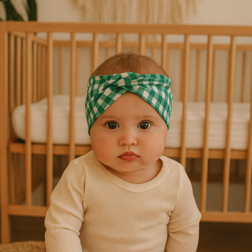 4-month-old baby wearing green plaid headband in a boho chic setting with natural light, wood, and botanical elements.


