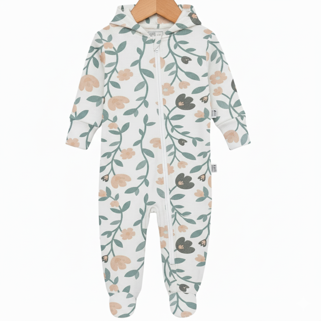 Macacão para bebê recém-nascido com zíper e pezinho, em cotton premium, estampa floral vintage azul, estilo minimalista e sofisticado da Means Love Baby.