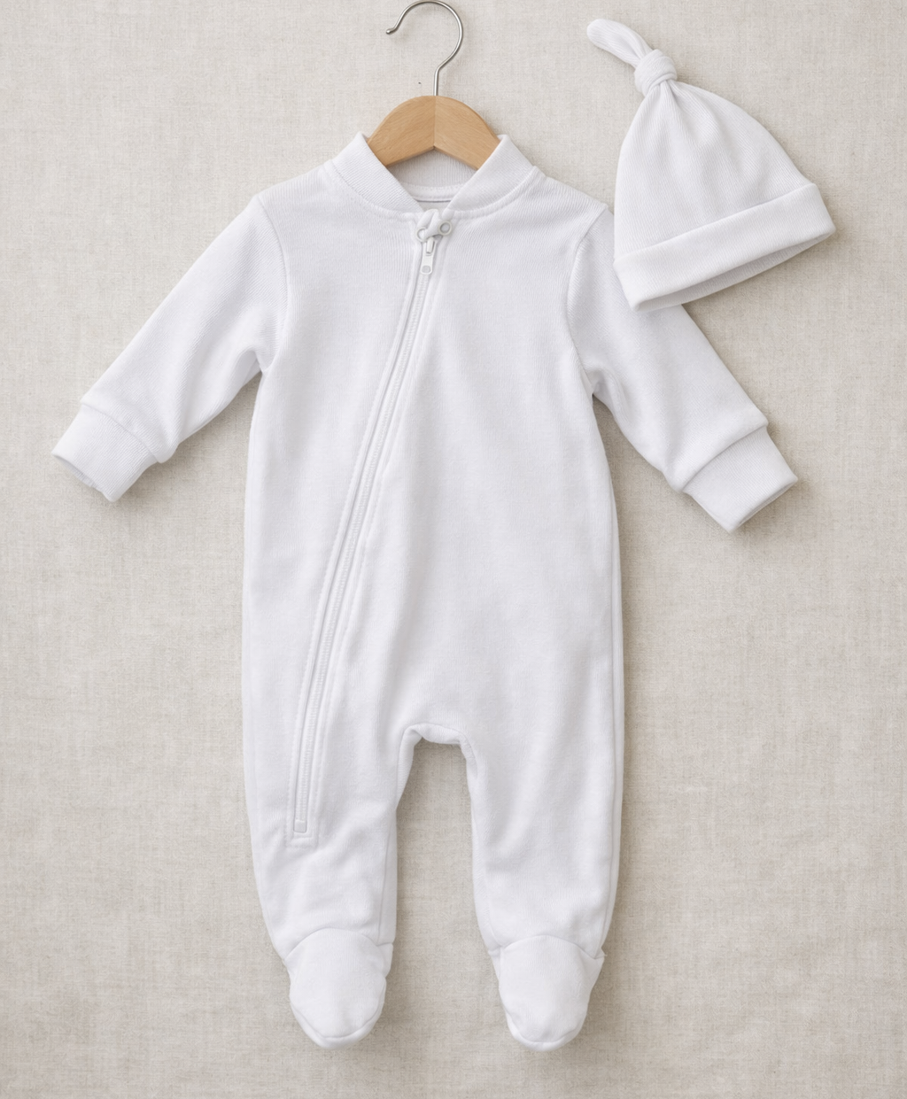 macacao com ziper frontal e pezinho canelado recem nascido branco puro