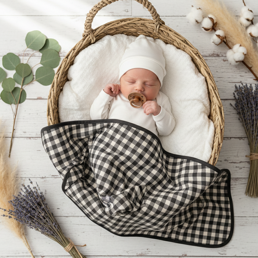 mantinha cueiro minimalista bebe xadrez boho vichy preto e branco means love baby bebe recem nascido dormindo