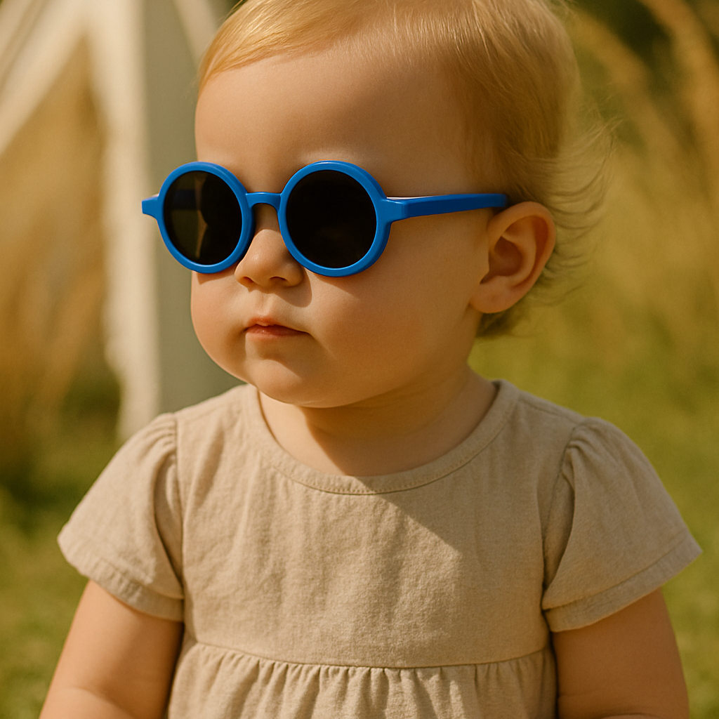 Criança de 1 ano usando óculos de sol redondo azul fosco com lentes escuras ao ar livre, modelo da marca Means Love Baby