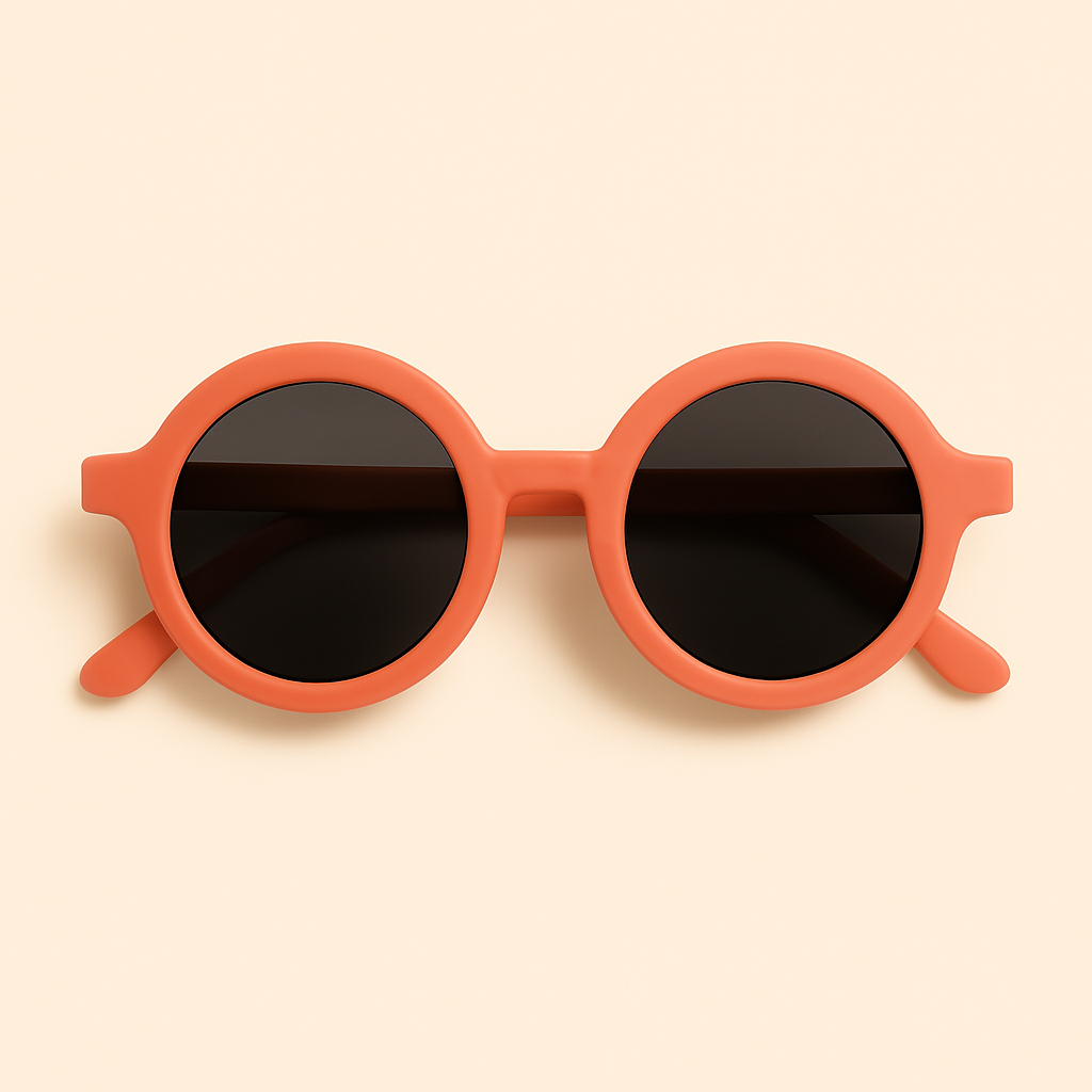 Criança de 1 ano usando óculos de sol redondo coral com lentes escuras ao ar livre, modelo da marca Means Love Baby