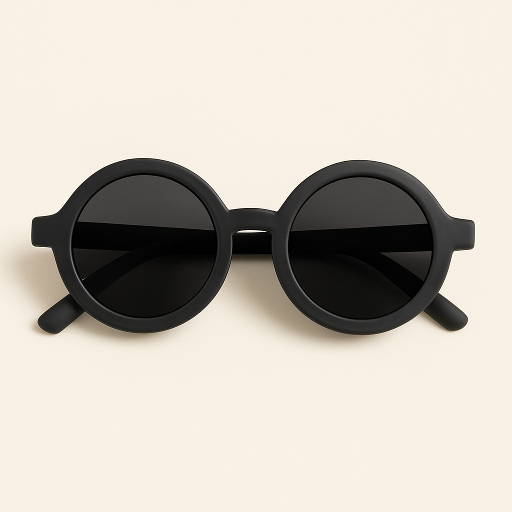 Óculos de sol infantil redondo com armação preta fosca e lentes escuras, modelo unissex da marca Means Love Baby
