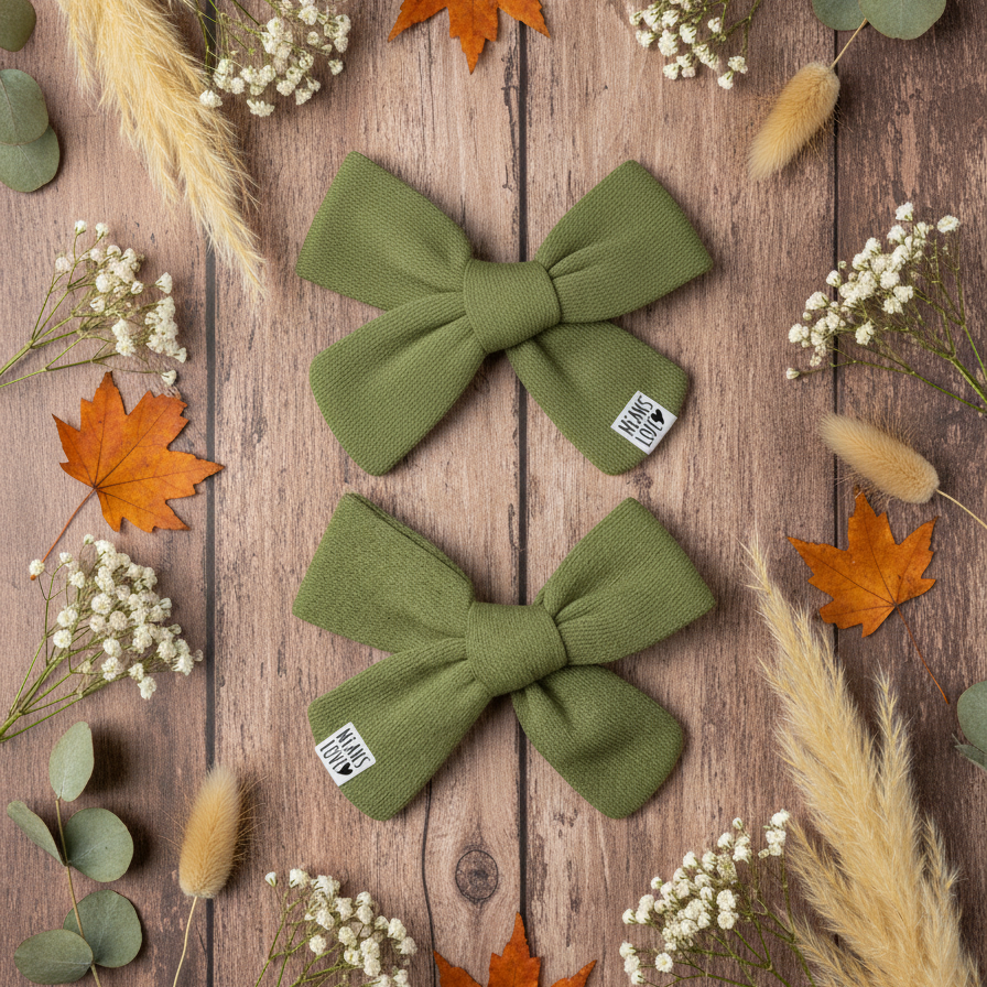 Par de Presilhas de Cabelo Infantil Algodao Canelado  Premium Liso flat lay cor oliva