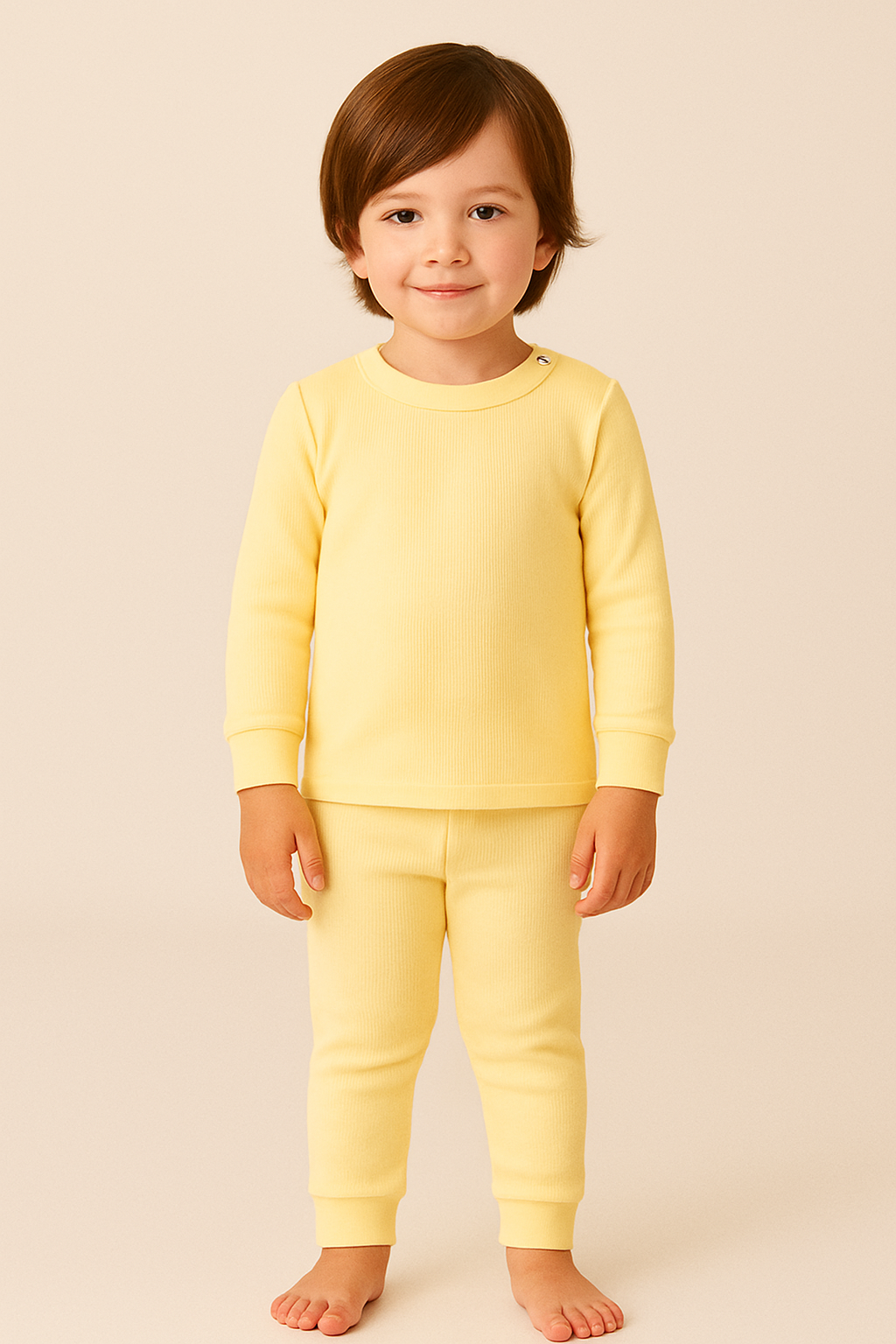 crianca de 4 anos usando pijama amarelo canelado de duas peças em ambiente boho chic com luz natural e elementos como madeira e plantas.

