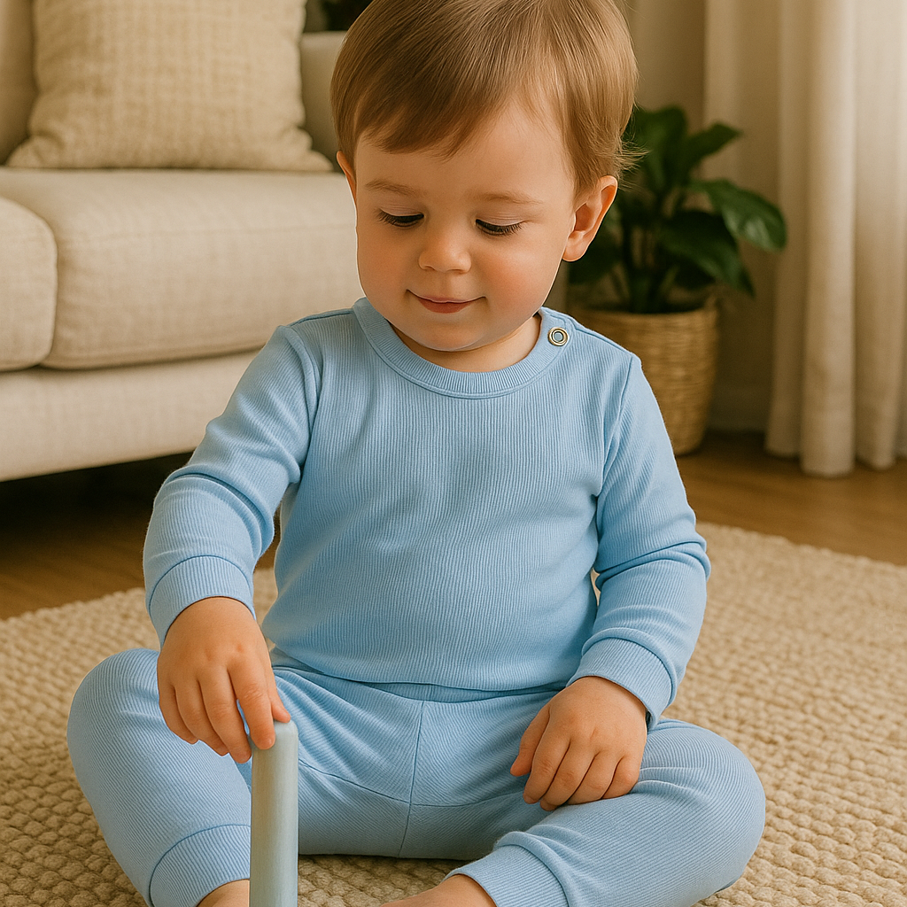 Bebê de 4 meses usando pijama azul canelado de duas peças em ambiente boho chic com luz natural e elementos como madeira e plantas.

